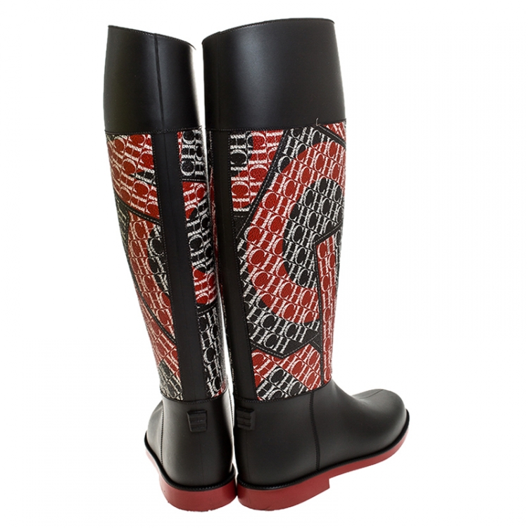 Pre Owned Carolina Herrera Black/Red Coated Canvas and Rubber Chiribitas Rain Boots Size 37