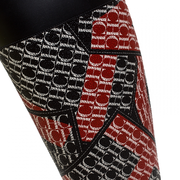 Pre Owned Carolina Herrera Black/Red Coated Canvas and Rubber Chiribitas Rain Boots Size 37