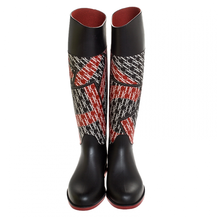 Pre Owned Carolina Herrera Black/Red Coated Canvas and Rubber Chiribitas Rain Boots Size 37