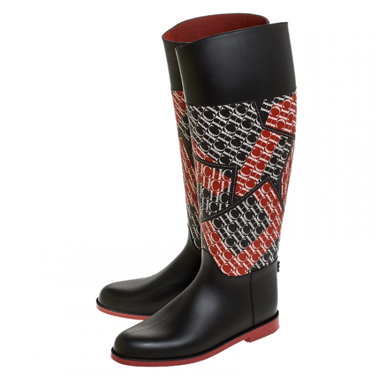 Pre Owned Carolina Herrera Black/Red Coated Canvas and Rubber Chiribitas Rain Boots Size 37