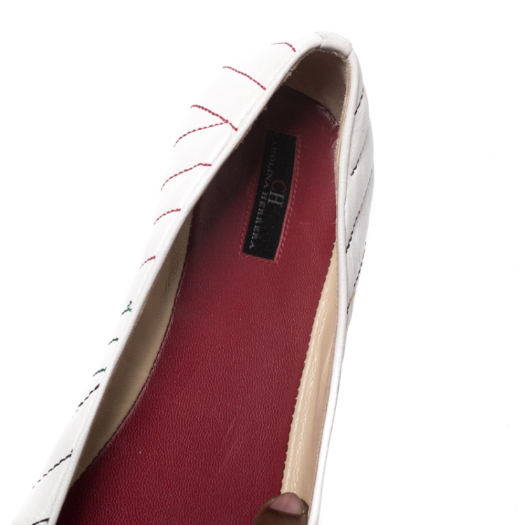 Pre Owned Carolina Herrera White Leather Stitch Detail Pointed Toe Ballet Flats Size 39
