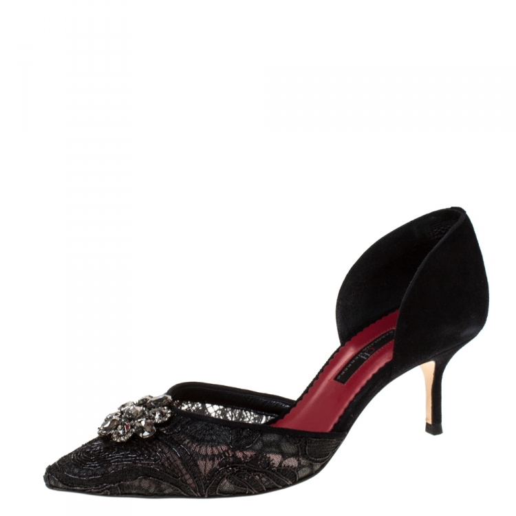Pre Owned Carolina Herrera Black Suede And Lace Crystal Embellished D'orsay Pumps Size 39