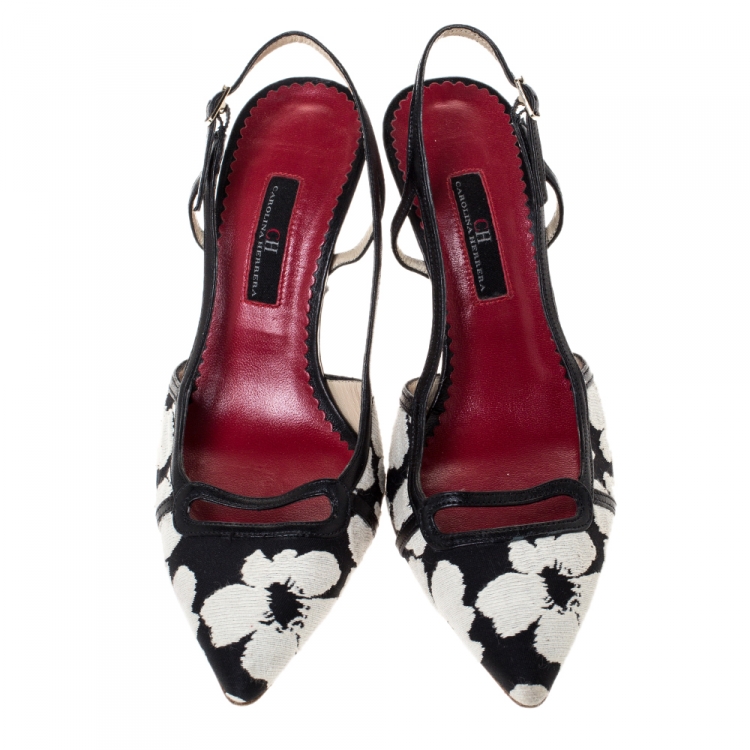 Pre Owned Carolina Herrera Black/White Floral Embossed Fabric Pointed Toe Slingback Pumps Size 37