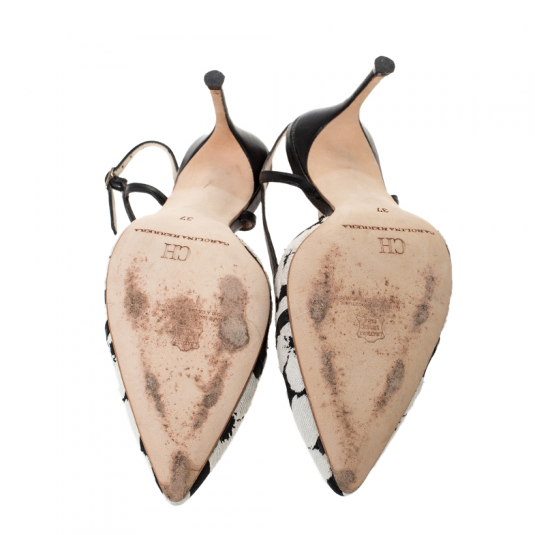 Pre Owned Carolina Herrera Black/White Floral Embossed Fabric Pointed Toe Slingback Pumps Size 37