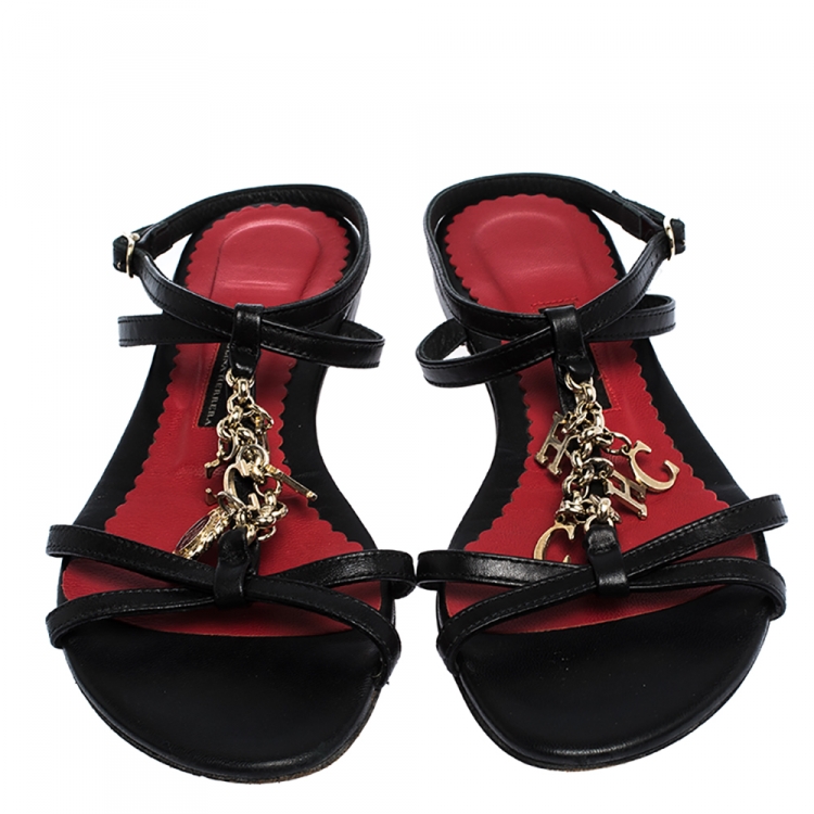 Pre Owned Carolina Herrera Black Leather Strappy Flat Sandals Size 36