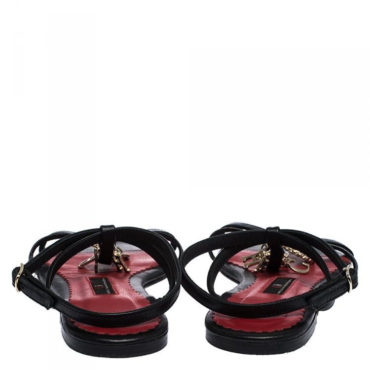 Pre Owned Carolina Herrera Black Leather Strappy Flat Sandals Size 36