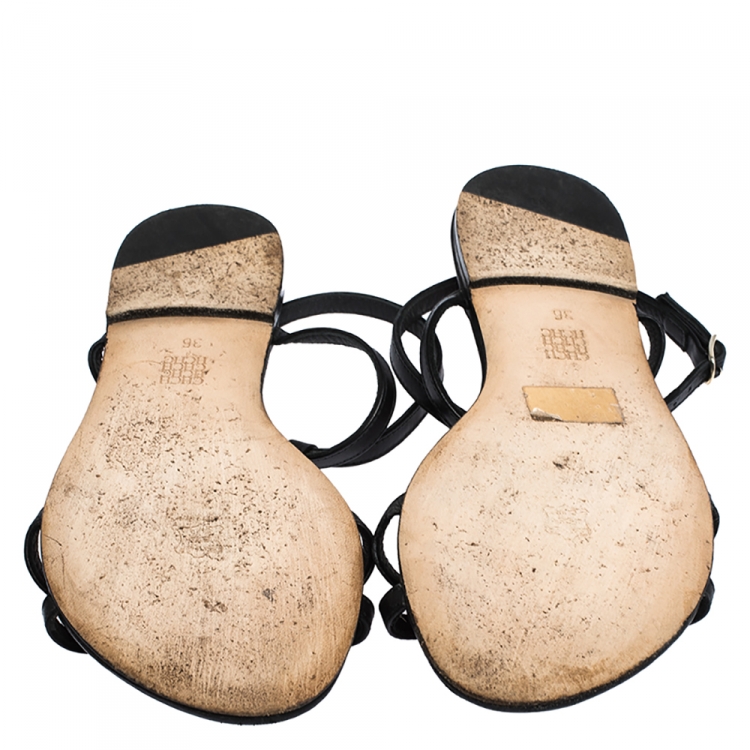 Pre Owned Carolina Herrera Black Leather Strappy Flat Sandals Size 36