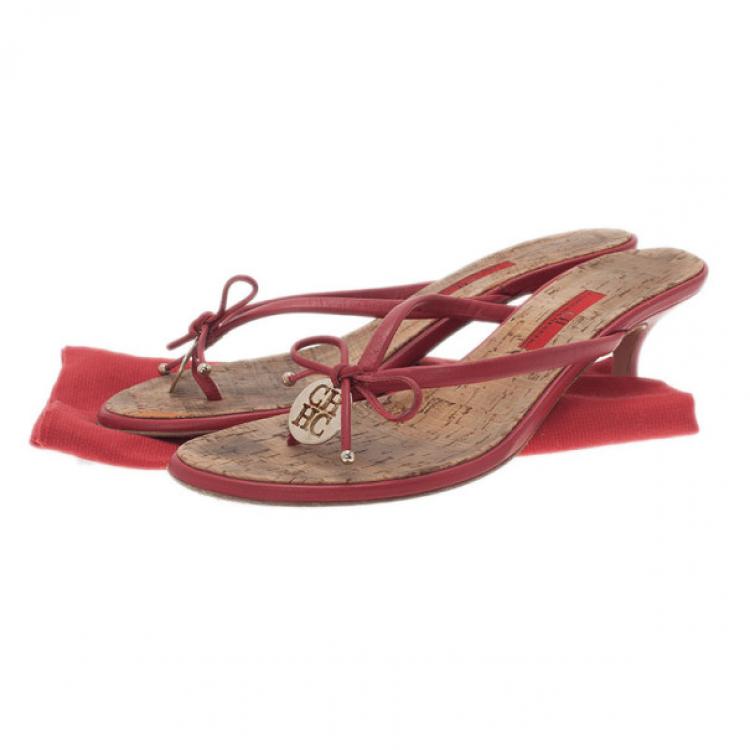 Pre Owned Carolina Herrera Red Leather Bow Sandals Size 39