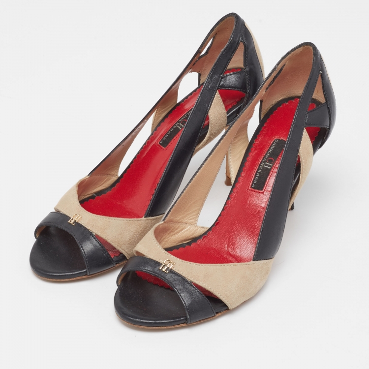 Pre Owned CH Carolina Herrera Black/Beige Leather and Suede Cut-Out Open-Toe Pumps Size 37
