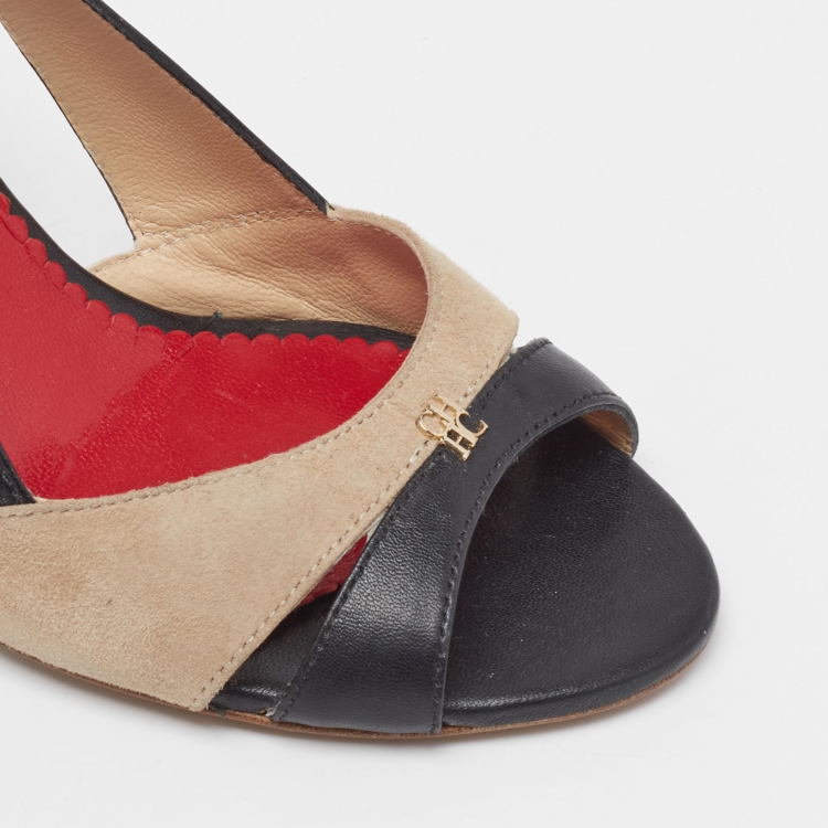 Pre Owned CH Carolina Herrera Black/Beige Leather and Suede Cut-Out Open-Toe Pumps Size 37
