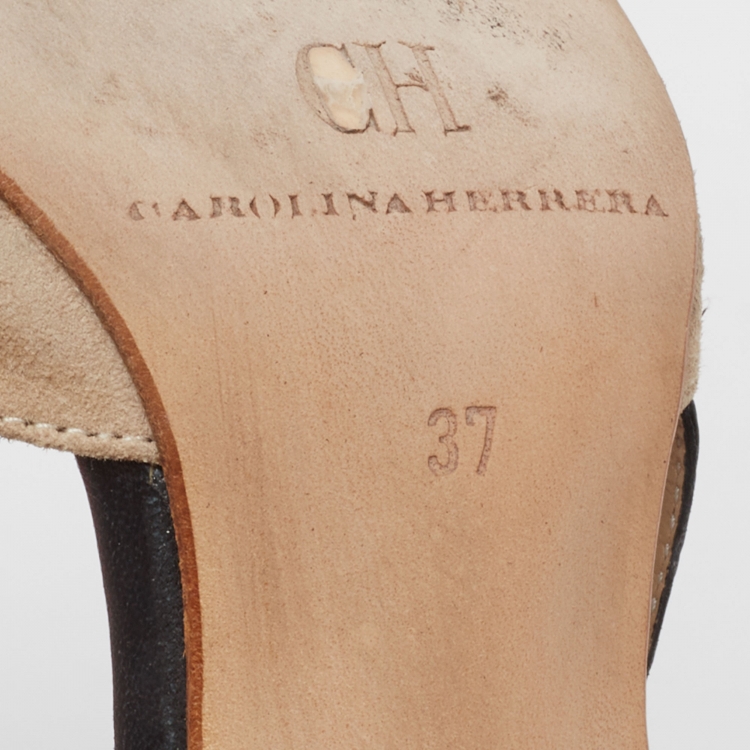 Pre Owned CH Carolina Herrera Black/Beige Leather and Suede Cut-Out Open-Toe Pumps Size 37