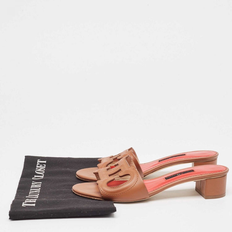 Pre Owned Carolina Herrera Brown Leather Slide Sandals Size 37 