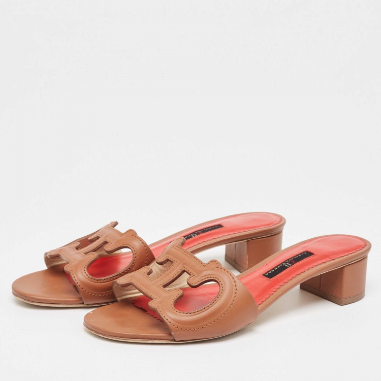 Pre Owned Carolina Herrera Brown Leather Slide Sandals Size 37 