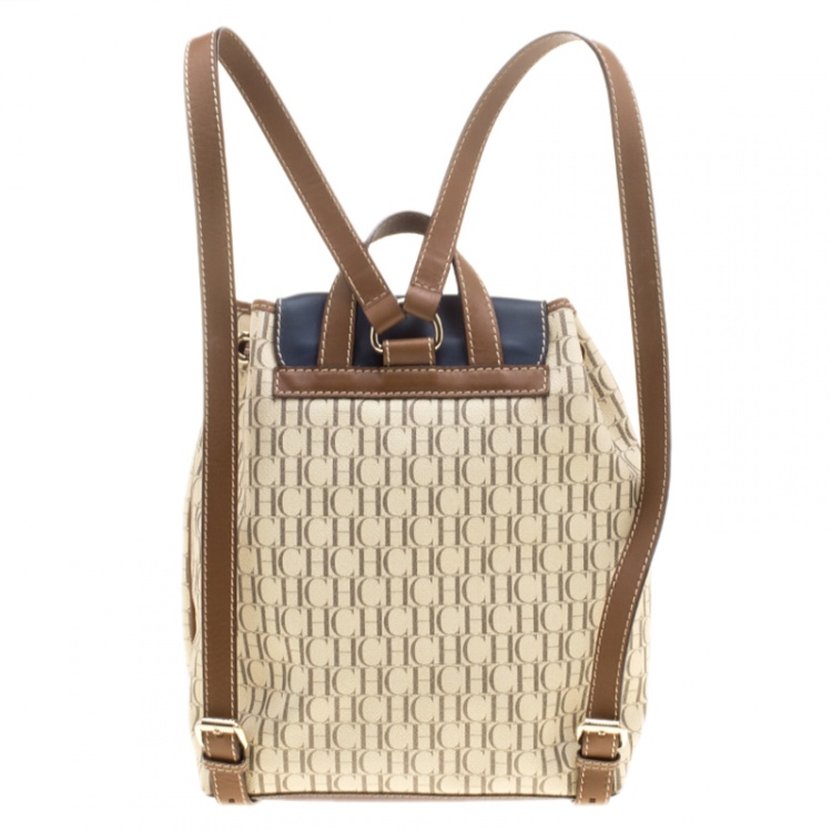 Pre Owned Carolina Herrera Beige/Multicolor Monogram Coated Canvas Drawstring Backpack