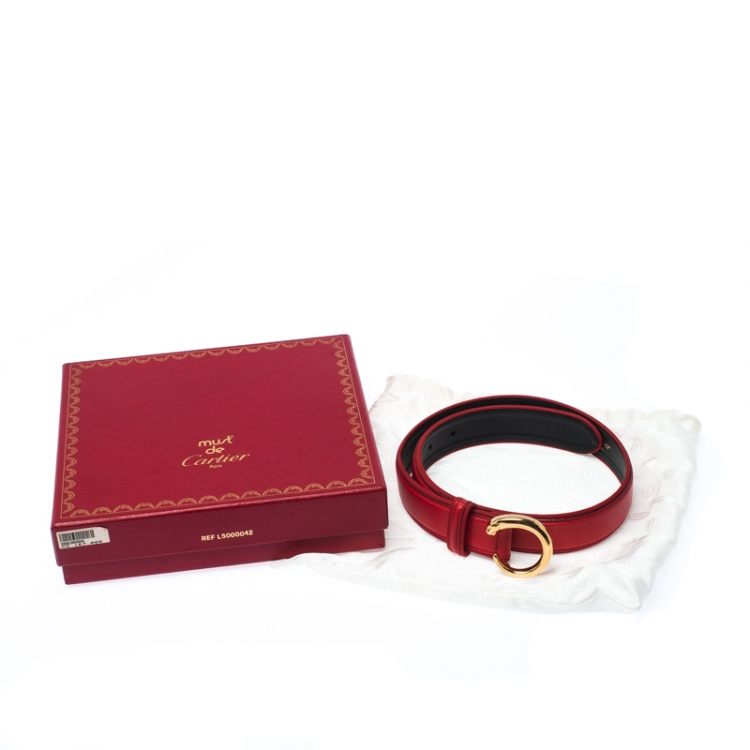 Pre Owned Cartier Red Leather and Canvas Trim Panthere Belt 75CM