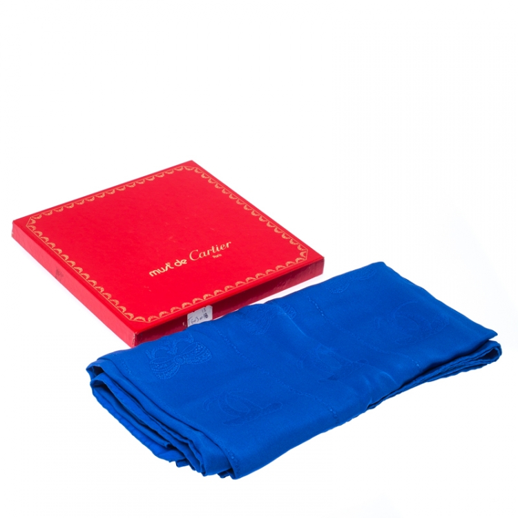 Pre Owned Must de Cartier Cobalt Blue Le Panthere Monogram Silk Square Scarf