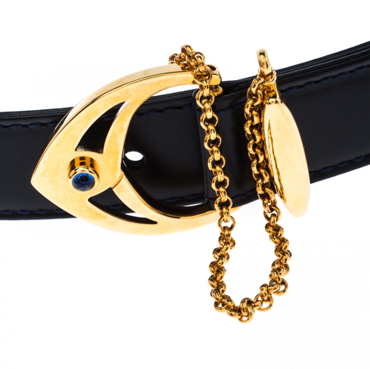 Pre Owned Cartier Black Leather Sapphire Buckle Belt 85CM