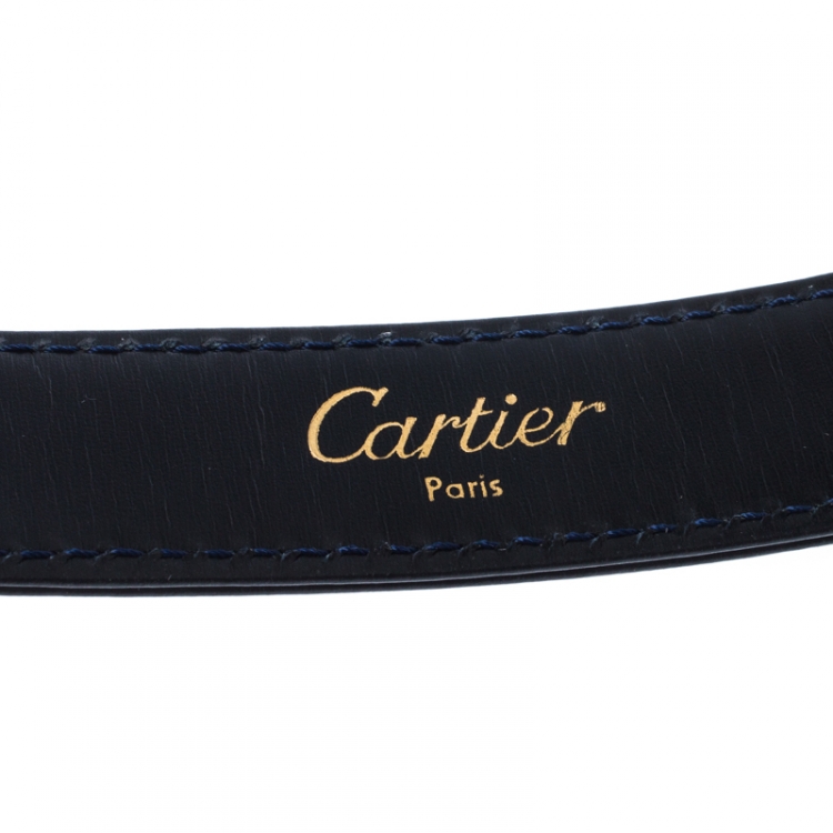 Pre Owned Cartier Black Leather Sapphire Buckle Belt 85CM