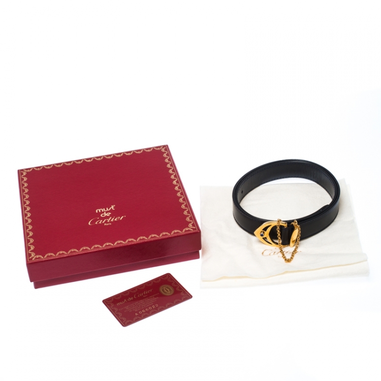 Pre Owned Cartier Black Leather Sapphire Buckle Belt 85CM