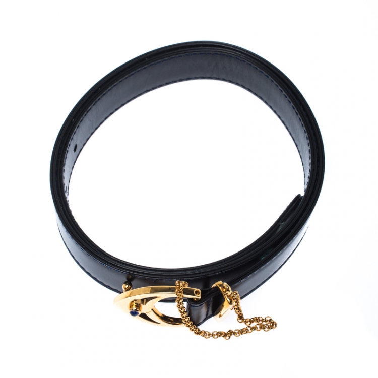 Pre Owned Cartier Black Leather Sapphire Buckle Belt 85CM