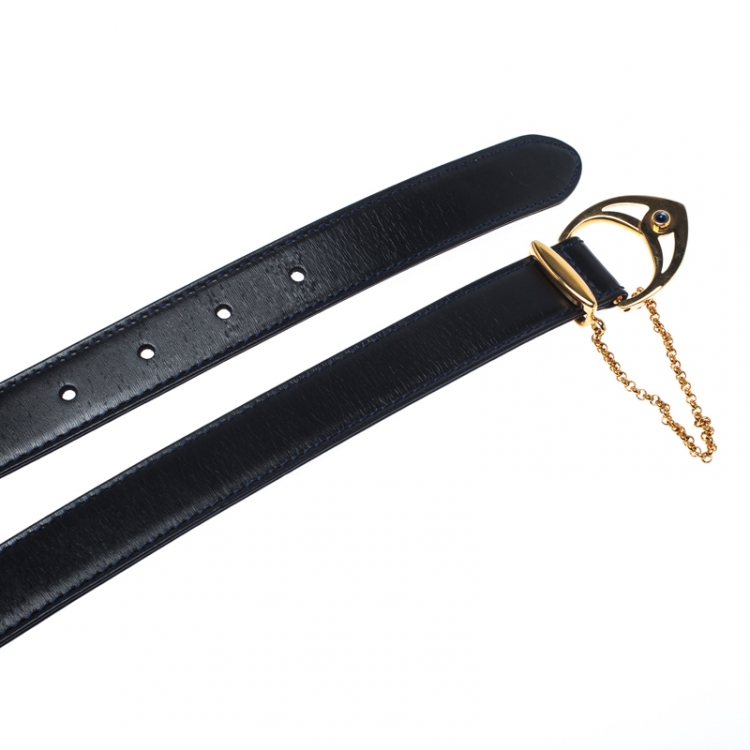 Pre Owned Cartier Black Leather Sapphire Buckle Belt 85CM