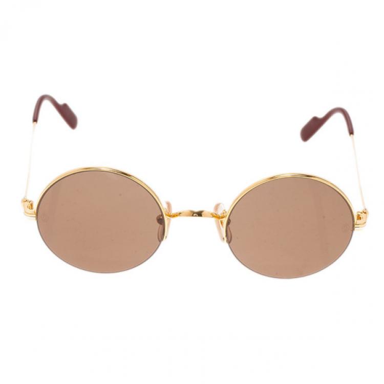 Pre Owned Cartier Gold Half Rimmed Round Mayfair Sunglasses