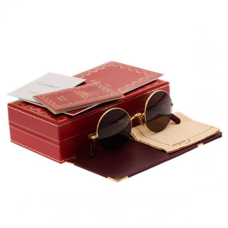 Pre Owned Cartier Gold Half Rimmed Round Mayfair Sunglasses