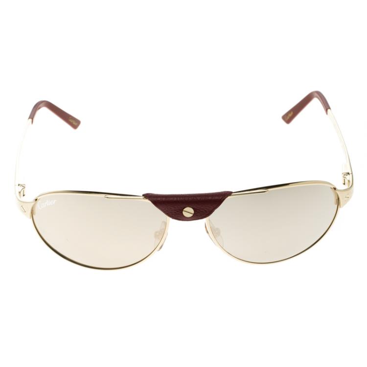 Pre Owned Cartier Burgundy Santos Dumont Gold Finish Rimmed Aviators