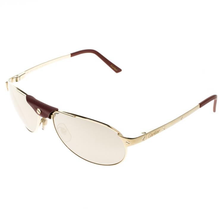 Pre Owned Cartier Burgundy Santos Dumont Gold Finish Rimmed Aviators