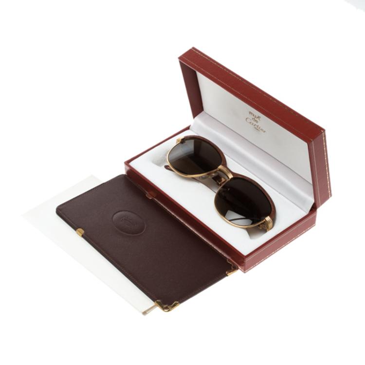 Pre Owned Cartier Malmaison Palisander Rosewood Gold Vintage Sunglasses 