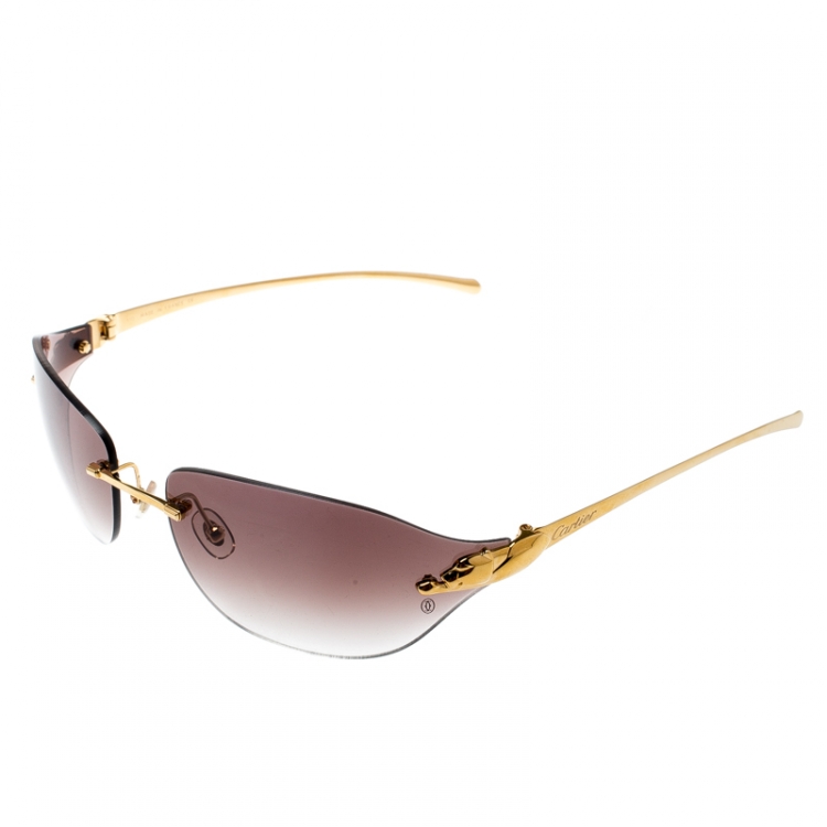 Pre Owned Cartier Gold/Brown Gradient Panthere De Cartier Rimless Shield Sunglasses