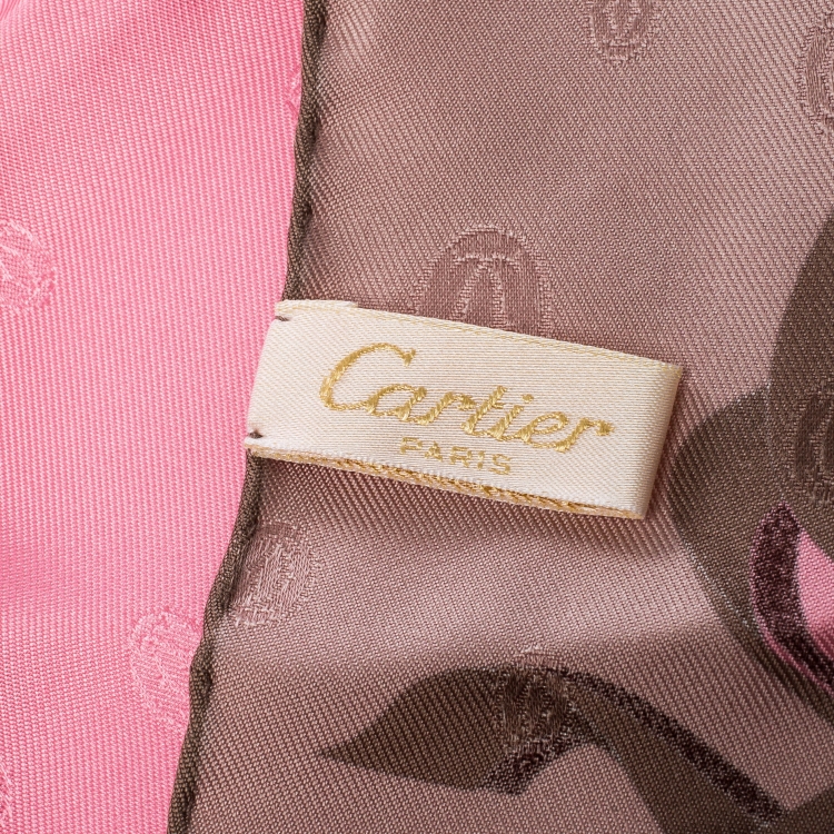 Pre Owned Cartier Pink Monogram Patterned Jacquard Silk Square Scarf