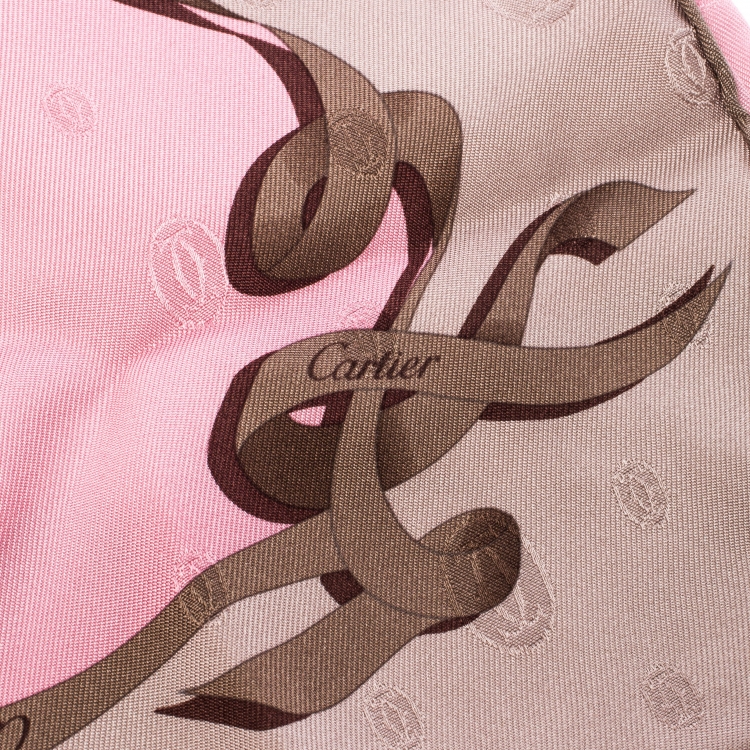 Pre Owned Cartier Pink Monogram Patterned Jacquard Silk Square Scarf