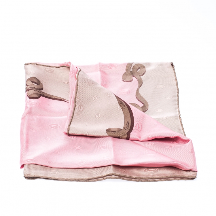 Pre Owned Cartier Pink Monogram Patterned Jacquard Silk Square Scarf