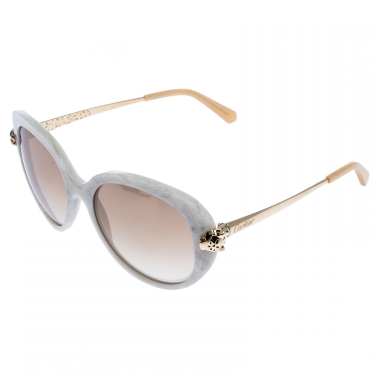 Pre Owned Cartier White Marble/Gold Panthere Square Sunglasses