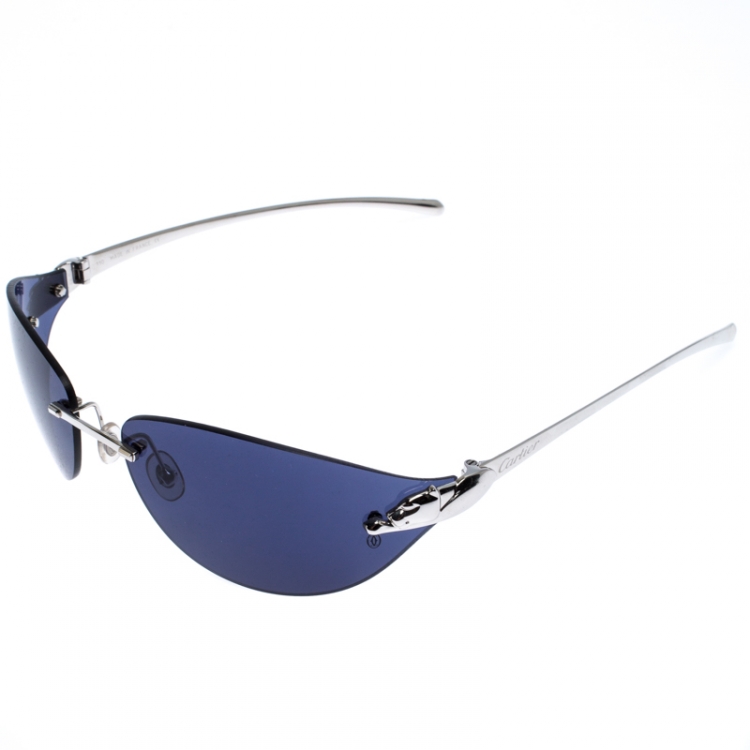 Pre Owned Cartier Blue Panthère de Cartier Rimless Oval Sunglasses