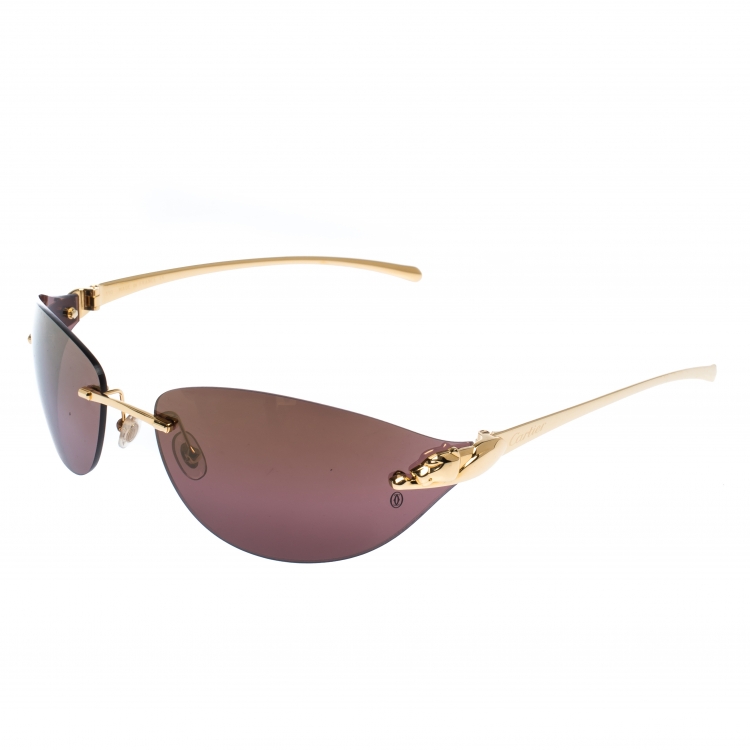 Pre Owned Cartier Gold/Brown Panthere Rimless Sunglasses