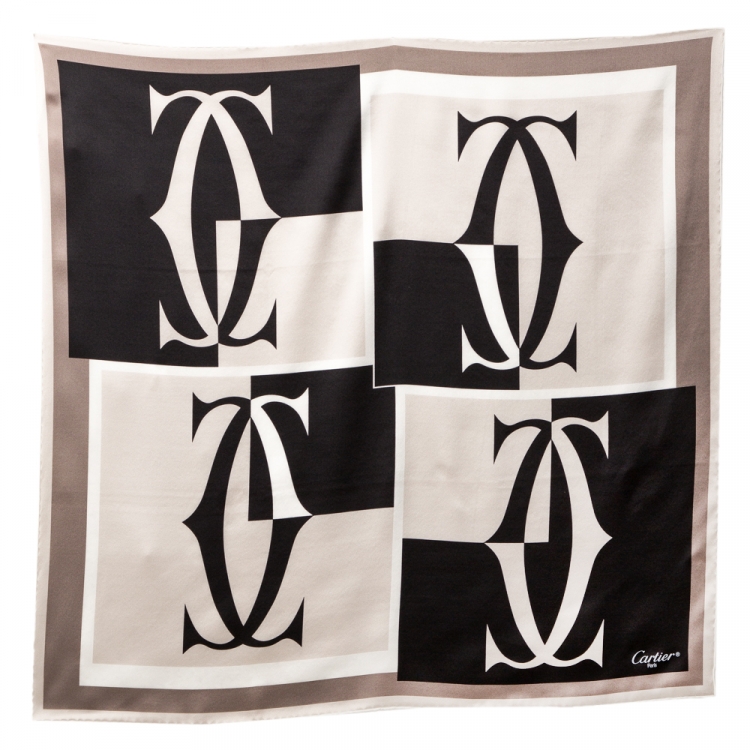 Pre Owned Cartier Monochrome Logo Print Silk Square Scarf