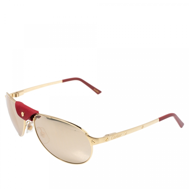 Pre Owned Cartier Gold Tone/ Gold Mirrored CT0077S Santos-Dumont Aviator Sunglasses