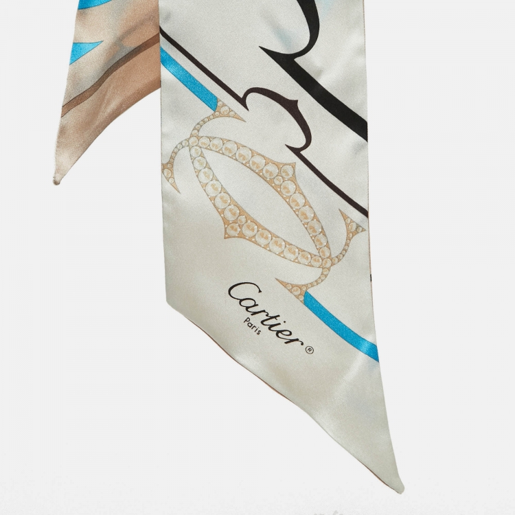Pre Owned Cartier Beige Logo Printed Silk Maxi Bandeau Scarf