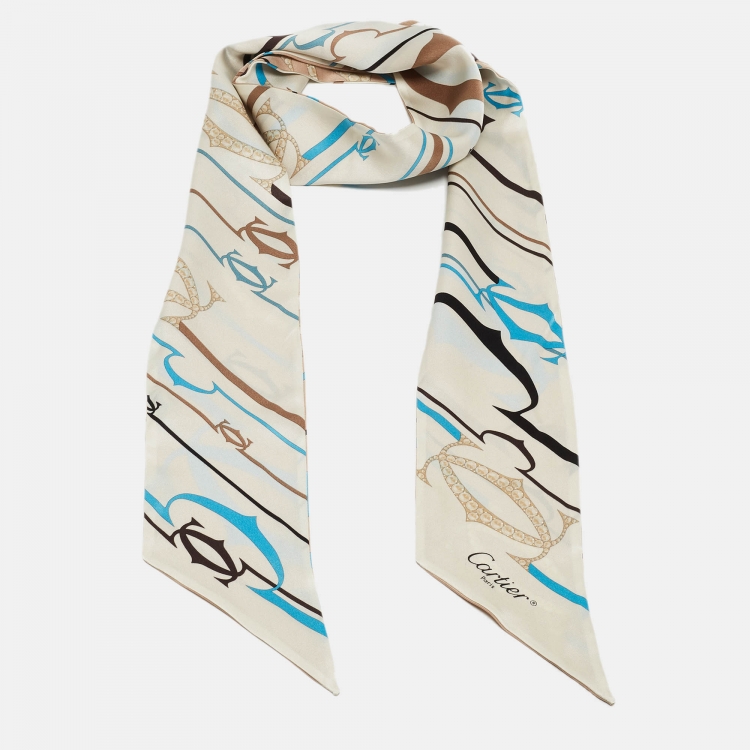 Pre Owned Cartier Beige Logo Printed Silk Maxi Bandeau Scarf