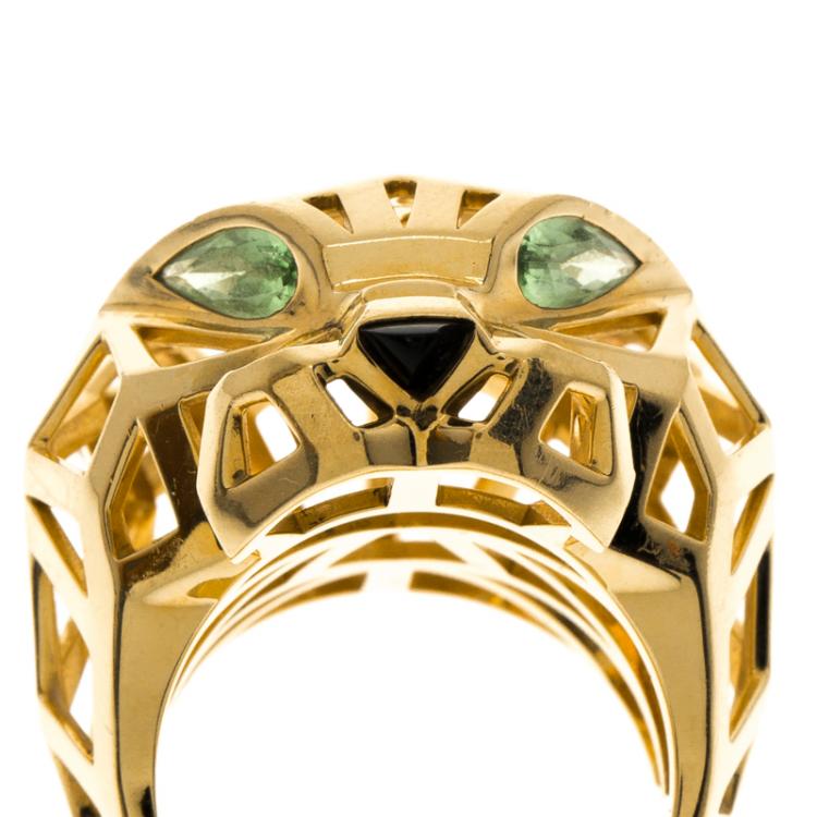 Pre Owned Cartier Panthère de Cartier Tsavorite Garnets Onyx 18k Yellow Gold Ring Size 57