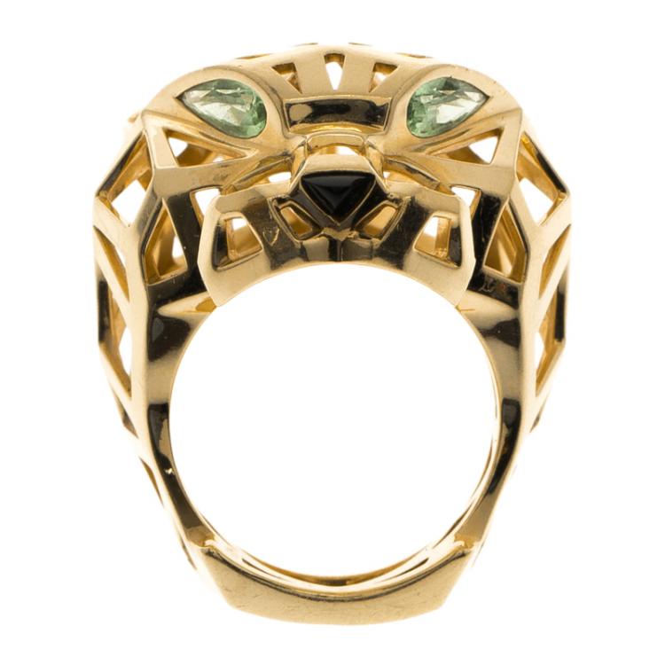 Pre Owned Cartier Panthère de Cartier Tsavorite Garnets Onyx 18k Yellow Gold Ring Size 57
