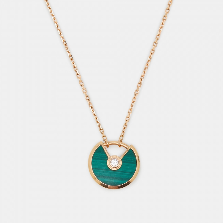 Pre Owned Cartier Amulette De Cartier Malachite Diamond 18k Rose Gold Necklace