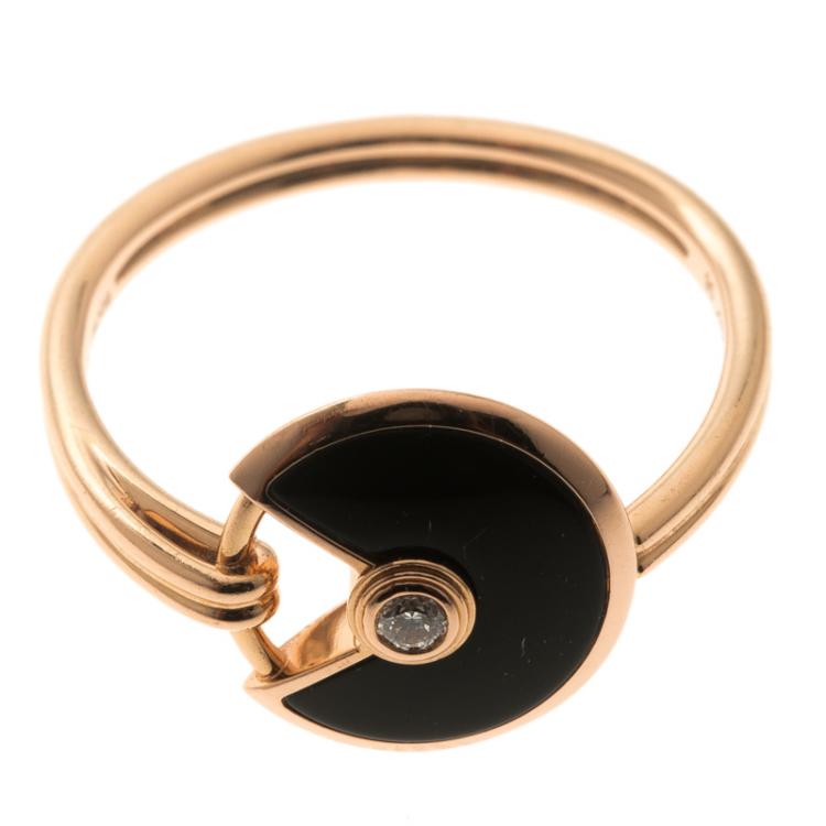 مملوكة مسبقًا Cartier Amulette de Cartier Onyx Diamond Rose Gold Ring Size 56