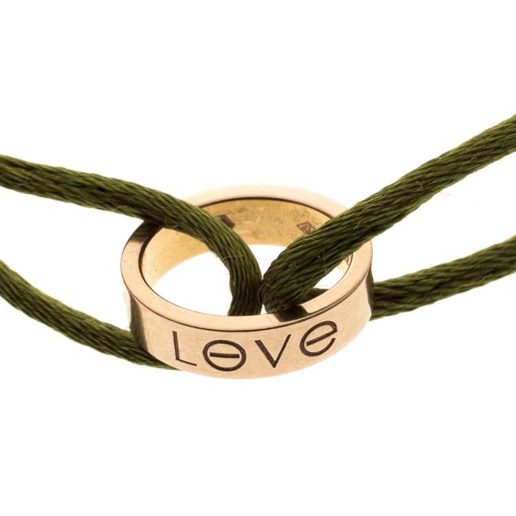 Pre Owned Cartier Love Charity Diamond 18k Rose Gold Green Cord Adjustable Bracelet