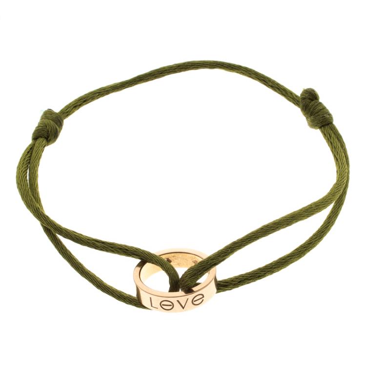 Pre Owned Cartier Love Charity Diamond 18k Rose Gold Green Cord Adjustable Bracelet