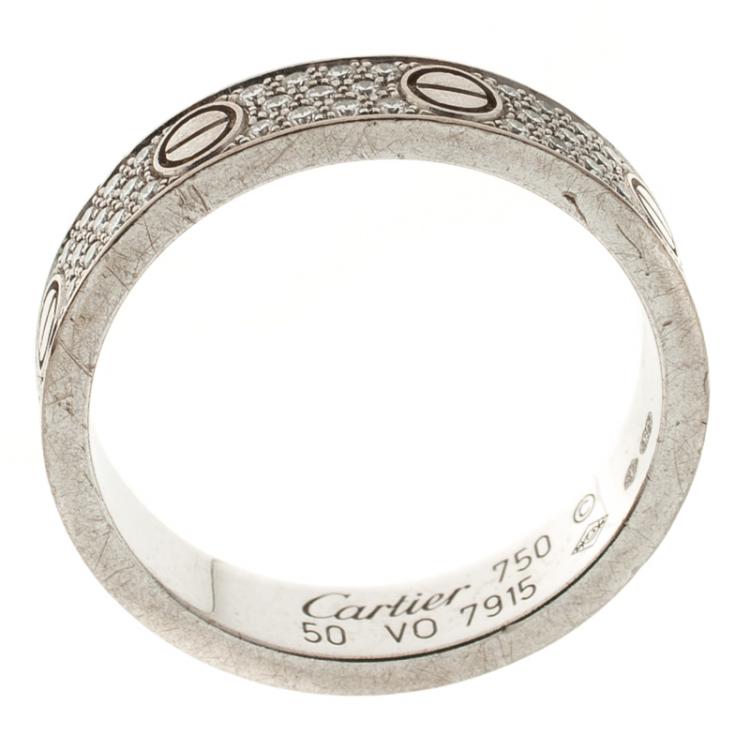 Pre Owned Cartier Love Diamond Paved 18k White Gold Wedding Band Ring Size 50