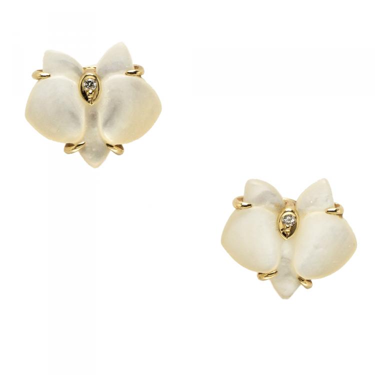 Pre Owned Cartier Caresse D'Orchidees Par Cartier Mother of Pearl Diamond 18k Yellow Gold Stud Earrings