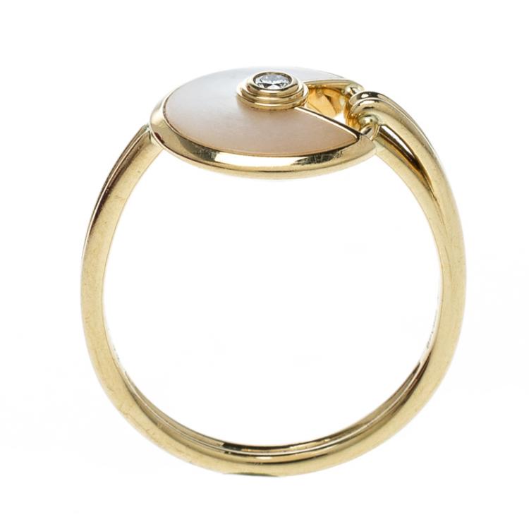 Pre Owned Cartier Amulette De Cartier Mother of Pearl Diamond 18k Yellow Gold Ring Size 53
